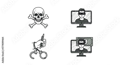 Hand drawn cyber crime symbols with hackers skull handcuffs and computers