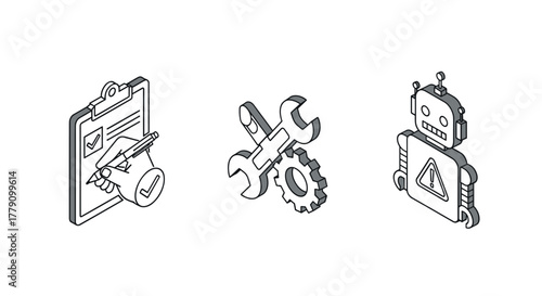 Isometric technical tools and robot with checklist and warning icons