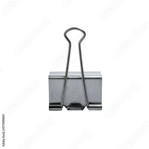 Metal binder clip with silver handles, isolated on black