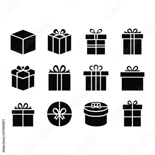 Collection of twelve different black gift box icons, representing various shapes and sizes for presents, vector illustration