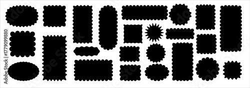 A vector set of round, oval, and rectangular tags, labels, and frames with scalloped, wavy, and jagged edges. Irregularly shaped coupons, stamp edges, and flat design elements are included