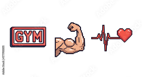 Pixel art fitness set with gym sign, flexing arm, and heartbeat symbol