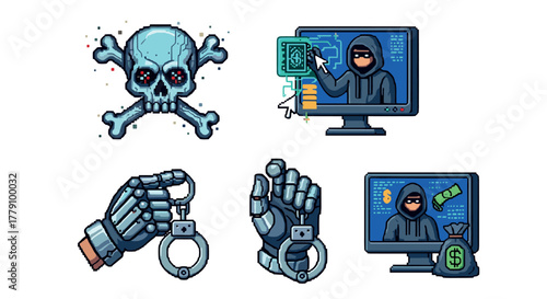 Cybercrime pixel art hacking, cybersecurity, and digital threats