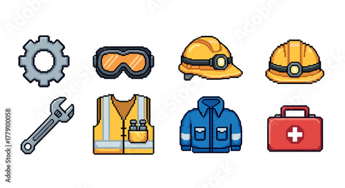 Pixel art set of construction safety gear and tools for workplace protection