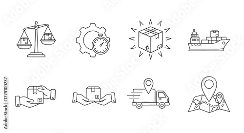Linear shipping and delivery icons for efficient logistics and supply chain management