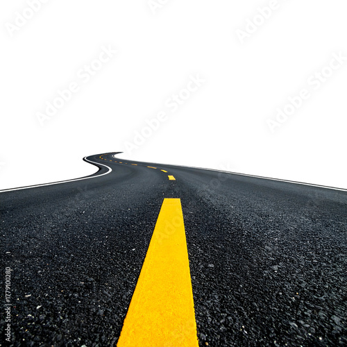 Paved asphalt road curves into blackness with yellow line