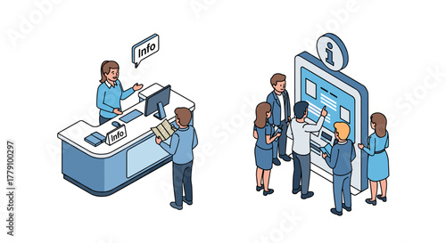 Isometric information desk and digital kiosk interaction in office environment