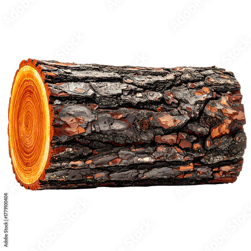 Cut log, textured bark, visible wood grain, warm glow