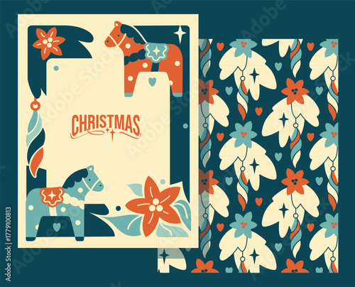 Vertical Christmas frame with copy space, featuring Dala horses and florals. Ideal for personalized cards, invitations, and holiday greetings