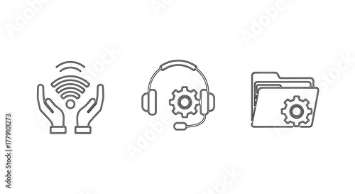 Minimalist tech support icons handsfree, headset, folder gear settings