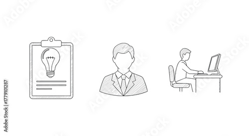 Business sketch office worker, clipboard with idea, and professional avatar