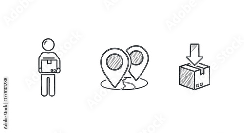Minimalist delivery and location tracking icons in linear style