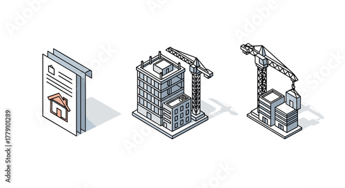 Isometric construction theme with blueprints and cranes in modern graphic style