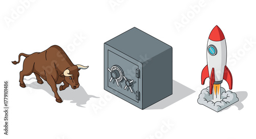 Financial growth symbolized by bull, safe, and rocket in isometric design