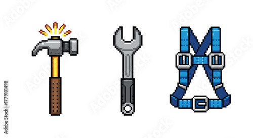 Pixel art icons of hammer, wrench, and safety harness for construction