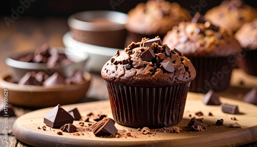 Delectable chocolate muffins dusted with cocoa are staged on a wooden board, with bowls of extra chocolate behind