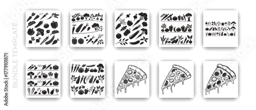 Hand drawn pizza ingredients and slices set