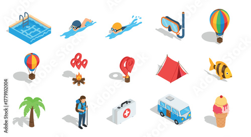 Isometric summer adventure icons set featuring camping, swimming, and travel elements