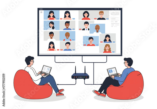 Two men sitting on bean bag chairs with laptops participating in a video conference on a large screen display