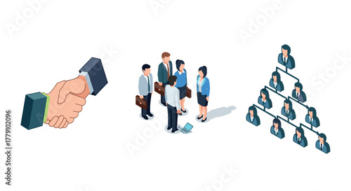Business teamwork and networking isometric illustration with handshake and organizational chart