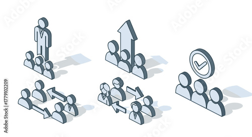 Isometric team dynamics leadership, collaboration, and success symbols