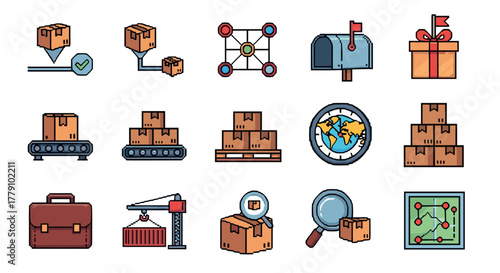 Pixel art icons of package logistics and delivery system