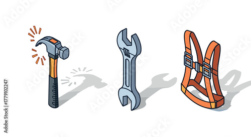 Colorful tools and safety gear isometric icons hammer, wrench, harness