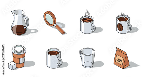 Isometric coffee set cups, pitcher, and accessories in modern design