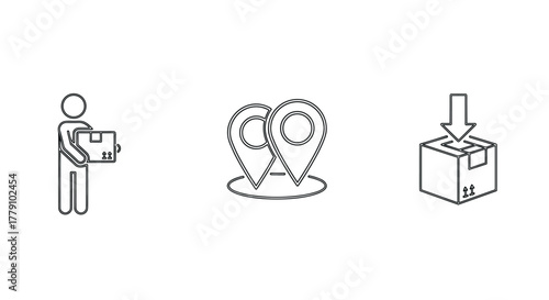 Line art icons of package delivery, location tracking, and parcel receiving