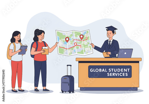 Illustration of a man in a graduation cap behind a desk with a sign that reads 'Global Student Services', helping two female students with a map and a suitcase nearby.