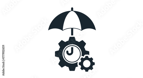 Silhouette gears and umbrella icon symbolizing project protection and management