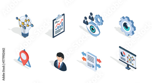 Isometric icons business analytics and strategy for tech solutions