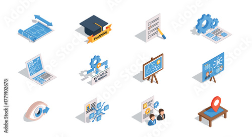 Isometric business planning and analysis icons for project management