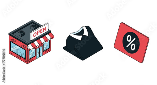 Isometric shop icon set with open sign, shirt, and discount symbol