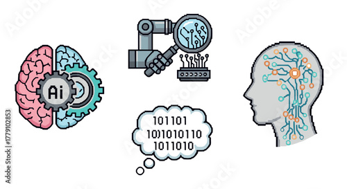 Pixel art ai concepts brain, robot arm, and digital head in tech design