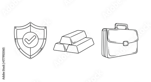 Security concepts featuring shield protection, bullion wealth, and business briefcase