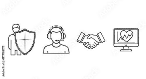 Monochrome line art icons of security, customer support, partnership, and health monitoring