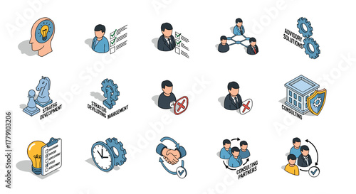 Isometric business strategy and consulting icons set for innovative solutions