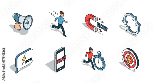 Isometric business icons with concept symbols for marketing and efficiency