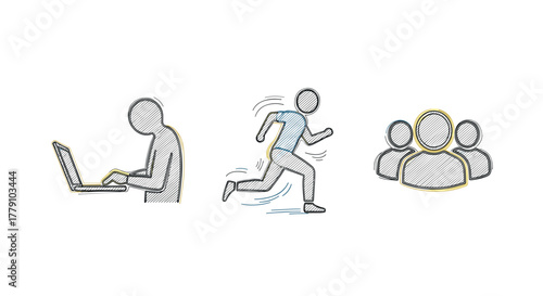 Sketch style icons of office work, running, and team dynamics