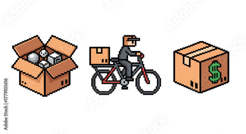 Pixel art delivery concept with boxes and cycling courier
