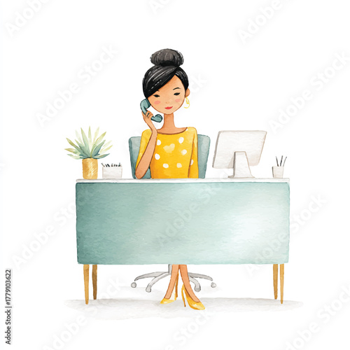 Woman working at a desk with a computer and phone.