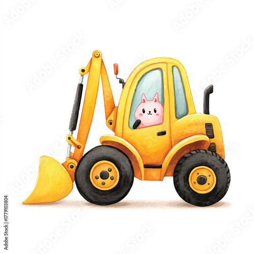 Yellow construction vehicle with a smiling pig inside ready to work.