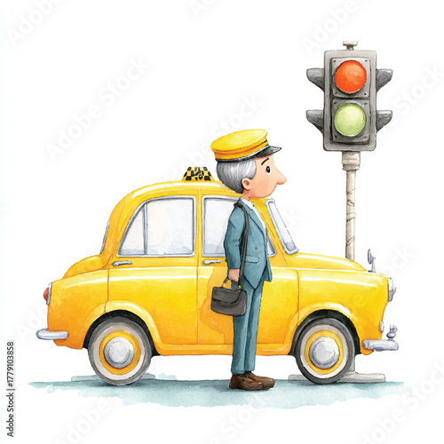 Yellow Taxi Cab with Driver at Traffic Light.