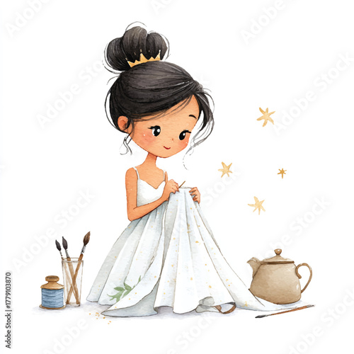 Young artist girl in white dress creating art with passion and dedication.