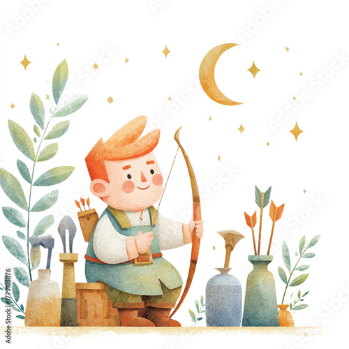 Young archer with bow and arrow ready to shoot under the moon.