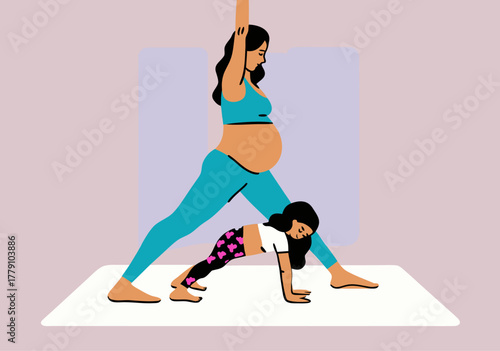 Pregnant Woman and Child Practicing Yoga Together