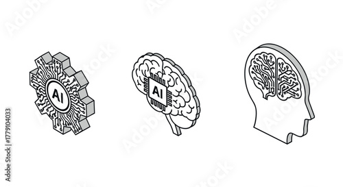 Isometric ai technology symbols featuring circuit brain and head