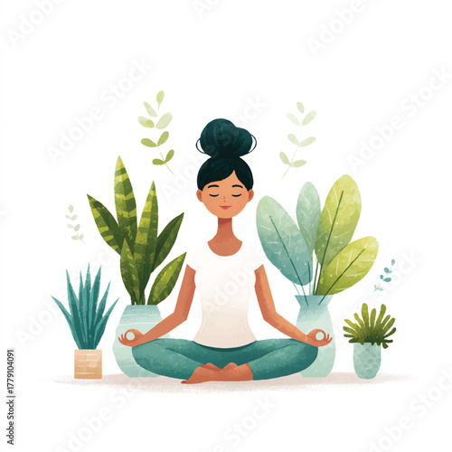 Woman meditating peacefully surrounded by lush green plants in a serene setting.