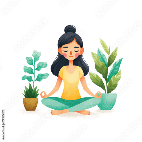 Woman Meditating with Plants.